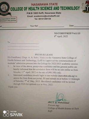 Nasarawa State College of Health Admission Form