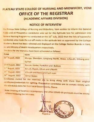 Plateau State College of Nursing Interview Date, Timetable, Venue, Documents Needed 2022