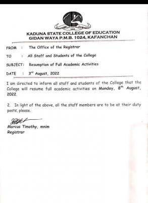Kaduna State College of Education Resumption Date
