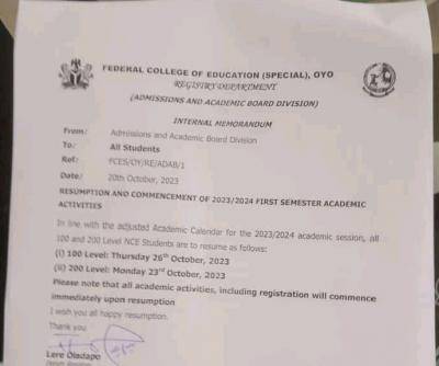 FCE (S) Oyo Resumption Date