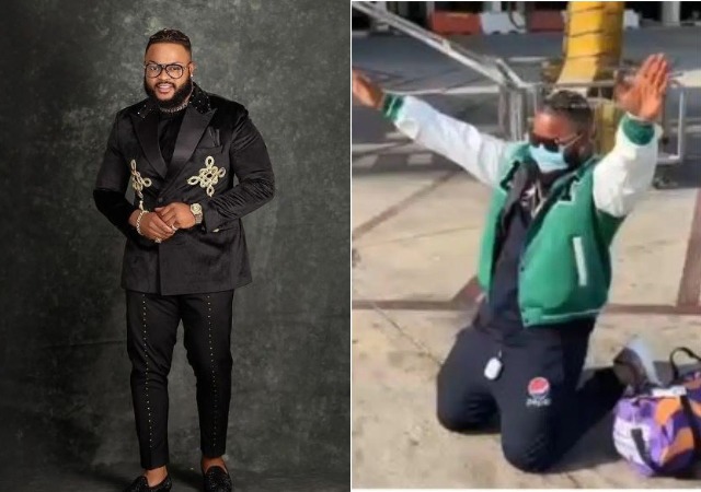 ‘Man with a Grateful Heart’- Whitemoney Kneels to Thank God for His First-Ever Trip outside Nigeria