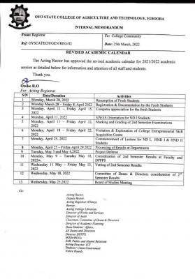 OYSCATECH Revised Academic Calendar 2021/2022 Session
