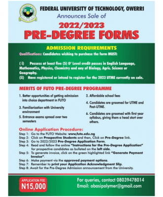 FUTO Pre-Degree Admission Form