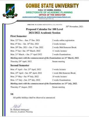 GOMSU Freshers Academic Calendar 