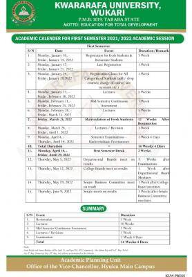 Kwararafa University 1st Semester Academic Calendar