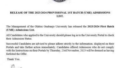 Olabisi Onabanjo University Admission List