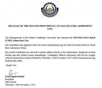 Olabisi Onabanjo University Admission List