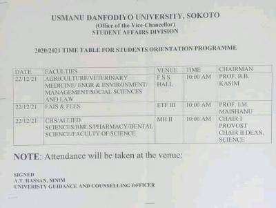 UDUS Schedule of Orientation Programme