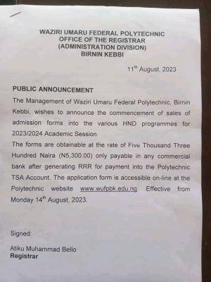 Waziri Umaru Federal Polytechnic HND Admission Form