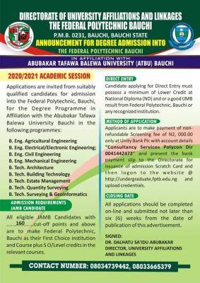 Federal Poly Bauchi Degree Admission Form