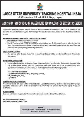LASUTH School of Anaesthetic Tech 2nd set Admission Form