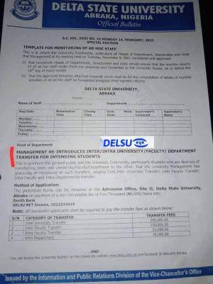 DELSU Inter-University/Faculty Transfer Application Form 