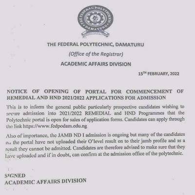 Fedpoly Damaturu HND & Remedial Admission Form