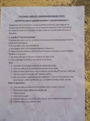 Gombe State Teachers' Recruitment Application Form 