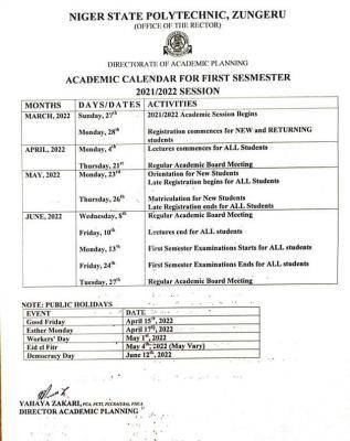 Nigerpoly 1st Semester Academic Calendar