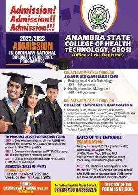 Anambra College of Health Tech Admission Form