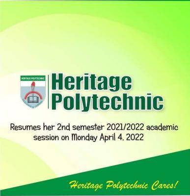 Heritage Polytechnic 1st Semester Resumption Date