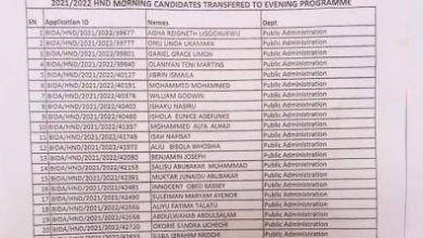 Bida Poly List of HND Candidates Transferred to Evening Programme