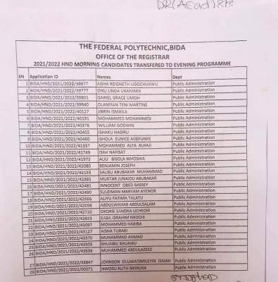 Bida Poly List of HND Candidates Transferred to Evening Programme 