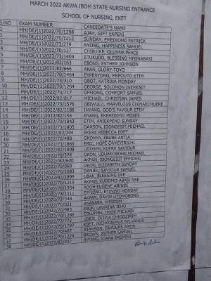 Akwa Ibom State School of Nursing Eket Admission List