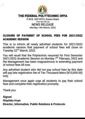 Fed Poly Offa School Fees Payment Deadline