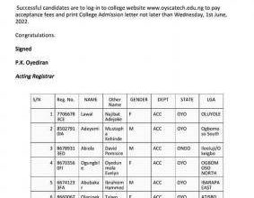 OYSCATECH 3rd Batch HND Admission List