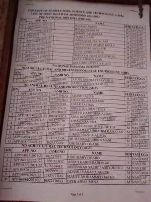 College of Agriculture Lafia 1st Batch Pre-ND & ND Admission List