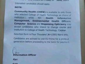 Cross River State College of Health Tech Admission Form