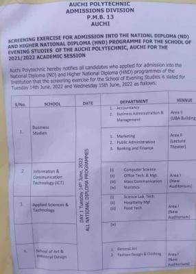 Auchi Polytechnic SPAT Screening Schedule