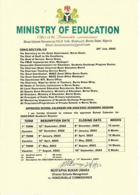 Borno State Academic Calendar for Primary and Secondary Schools 2022/2023