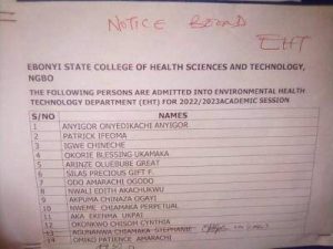 Ebonyi State College of Health Science and Technology Admission List