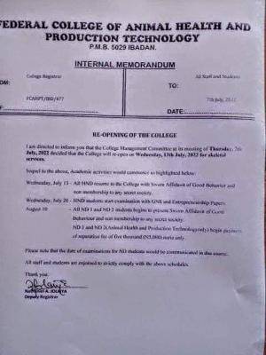 Federal College of Animal Health & Technology Ibadan Resumption Date