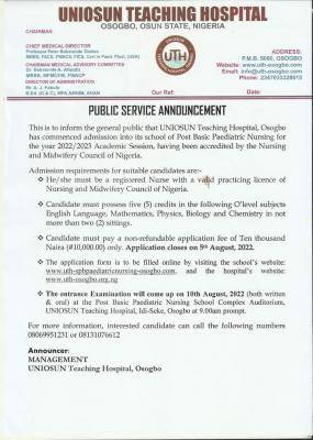 UNIOSUN Teaching Hospital Post Basic Paediatric Nursing Admission Form