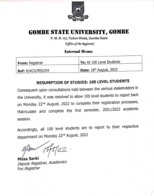 Gombe State University Freshers Resumption Date