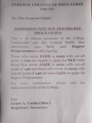 FCE Obudu NCE & Degree Admissions Form