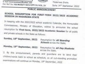 Nasarawa State Schools Resumption Date