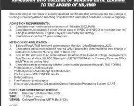 UBTH College of Nursing Post utme Admission Form
