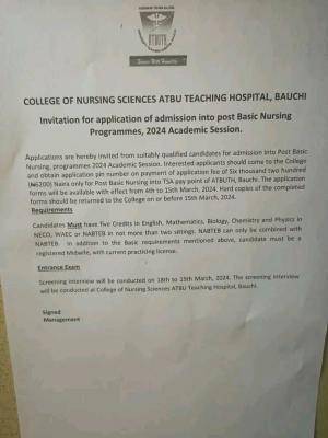 ATBUTH School of Nursing Post Basic Nursing Admission Form