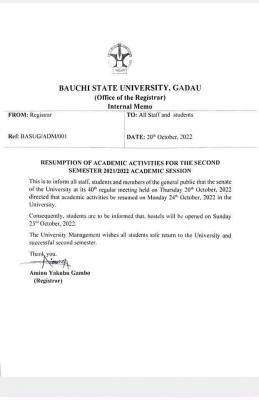 BSU Resumption Date for Second Semester