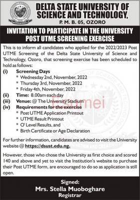 Delta State University of Science and Technology Post-UTME Screening Date