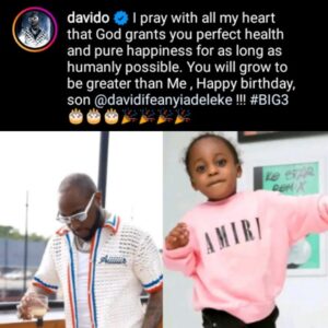 Davido, Fiancée Chioma open Instagram account for Ifeanyi to mark 3rd birthday