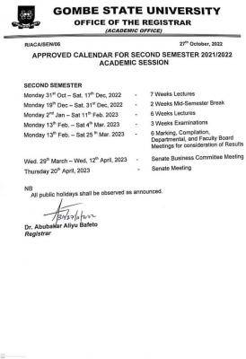 GSU Approved Second Semester Academic Calendar