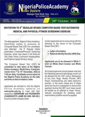 NPA 9th Regular Intake CBT & Medical Fitness Screening Exercise.
