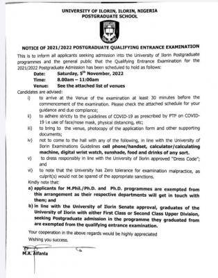 UNILORIN Notice on Postgraduate Qualifying Exam