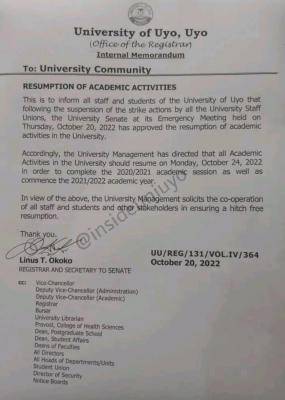 UNIUYO Resumption of Academic Activities