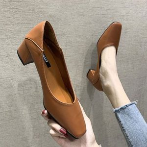 Woman's Square Toe High Heel Courts PU Leather Block Heel Female Shoes-Brown