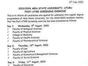 ABSU Post-UTME Screening Schedule