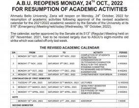 ABU Date for Resumption of Academic Activities