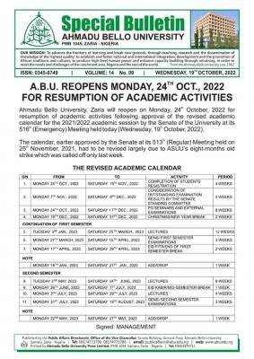 ABU Date for Resumption of Academic Activities