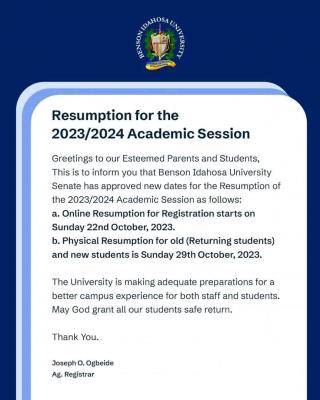 Benson Idahosa University Resumption Date